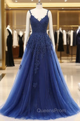 A-line V-neck Spaghetti strap Floor-length Sleeveless Backless Appliques Lace Elegant Evening Prom Dress