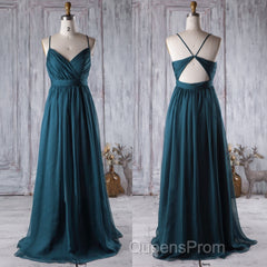 A Line V Neck Spaghetti Strap Peacock Blue Chiffon Long Evening Prom Dress, V Neck Peacock Blue Formal Dress Graudation Evening Dress, Peacock Blue Bridesmaid Dress