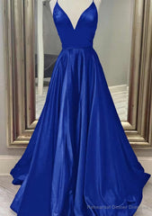 A-line V Neck Spaghetti Straps Long/Floor-Length Charmeuse Prom Dresses With Pockets