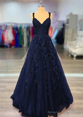 A-line V Neck Spaghetti Straps Long/Floor-Length Lace Prom Dresses With Beading