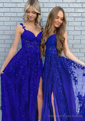 A-line V Neck Spaghetti Straps Long/Floor-Length Lace Prom Dresses With Split