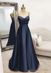 A-line V Neck Spaghetti Straps Long/Floor-Length Satin Prom Dresses With Pleated