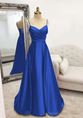 A-line V Neck Spaghetti Straps Long/Floor-Length Satin Prom Dresses With Pleated