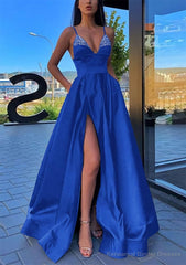 A-line V Neck Spaghetti Straps Long/Floor-Length Satin Prom Dresses With Split Pockets Beading