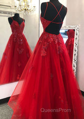 A-line V Neck Spaghetti Straps Long/Floor-Length Tulle Evening Prom Dress With Appliqued Beading