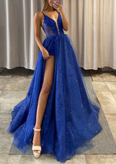 A-line V Neck Spaghetti Straps Long/Floor-Length Tulle Prom Dresses With Appliqued Glitter Split Left