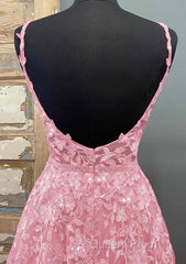 A-line V Neck Spaghetti Straps Long/Floor-Length Tulle Evening Prom Dress With Beading Lace Pockets Sequins