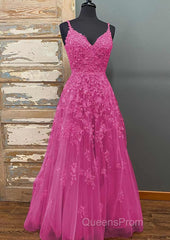 A-line V Neck Spaghetti Straps Long/Floor-Length Tulle Evening Prom Dress With Beading Lace Pockets Sequins