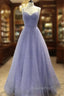 A-line V Neck Spaghetti Straps Long/Floor-Length Tulle Evening Prom Dress With Beading Sequins