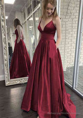 A-line V Neck Spaghetti Straps Sweep Train Charmeuse Prom Dresses With Pockets