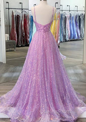 Unique Evening Prom Dress, A-line V Neck Spaghetti Straps Sweep Train Sequined Evening Prom Dress With Pleated