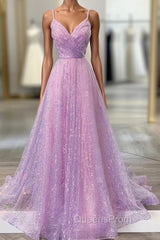 Unique Evening Prom Dress, A-line V Neck Spaghetti Straps Sweep Train Sequined Evening Prom Dress With Pleated