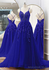 A-line V Neck Spaghetti Straps Sweep Train Tulle Prom Dresses With Appliqued Beading