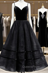 A Line V Neck Tea Length Black Velvet Evening Prom Dress, Black Tea Length Graduation Homecoming Dress