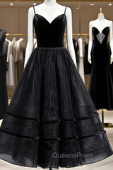 A Line V Neck Tea Length Black Velvet Evening Prom Dress, Black Tea Length Graduation Homecoming Dress