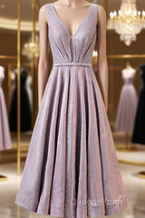 A Line V Neck Tea Length Evening Prom Dress, Shiny Tea Length Formal Evening Dress