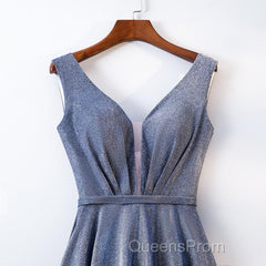 A Line V Neck Tea Length Evening Prom Dress, Shiny Tea Length Formal Evening Dress