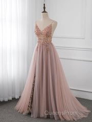 A-Line V Neck Tulle Beading Pink Long Evening Prom Dress. Pink Formal Dress