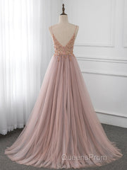 A-Line V Neck Tulle Beading Pink Long Evening Prom Dress. Pink Formal Dress