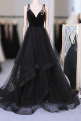 A Line V Neck Tulle Black Ball Gown, Black Evening Prom, Black Formal