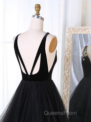A Line V Neck Tulle Black Ball Gown, Black Evening Prom, Black Formal