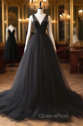 A-Line V Neck Tulle Black Long Evening Prom Dress, Black Long Evening Dress