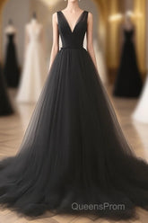 A-Line V Neck Tulle Black Long Evening Prom Dress