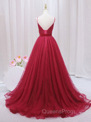 A-Line V Neck Tulle Burgundy Long Evening Prom Dress, Burgundy Evening Dress