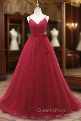 A-Line V Neck Tulle Burgundy Long Evening Prom Dress, Burgundy Evening Dress