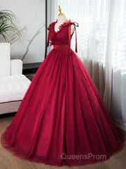 A-Line V Neck Tulle Burgundy Long Evening Prom Dress, Burgundy Long Evening Dress
