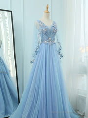 A-Line V Neck Tulle Lace Blue Long Prom Dresses, Blue Formal Evening Dress