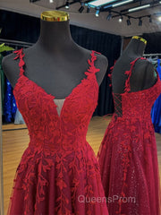 A-Line V Neck Tulle Lace Burgundy Long Evening Prom Dress, Burgundy Long Evening Dress