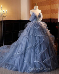 A-Line V Neck Tulle Lace Gray Blue Long Evening Prom Dress, Blue Long Sweet 16 Dress