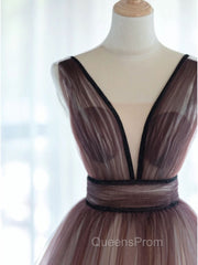 A-Line V Neck Tulle Long Brown Evening Prom Dress, Tulle Long Evening Dress