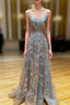 A-Line V Neck Tulle Sequin Long Evening Prom Dress, Backless Long Evening Dress