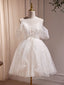 A-Line V Neck Tulle Short Beige Evening Prom Dress, Cute Beige Homecoming Dress