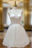 A Line v neck tulle Short Beige Evening Prom Dress, Cute Puffy Beige Homecoming Dress With Beading