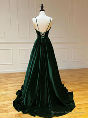 A-Line V Neck Velvet Green Long Prom Dresses, Green Velvet Formal Dress