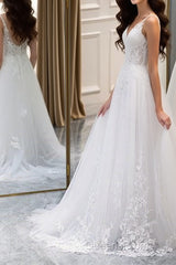 A Line V Neck White Lace Long Evening Prom Dress, White Lace Wedding Dress, White Formal Evening Dress