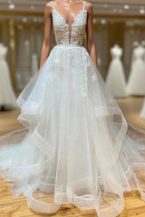 A Line V Neck White Lace Long Ruffles Wedding Dress