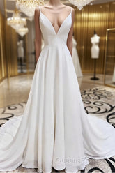 A Line V Neck White Wedding Dress with Lace Back, White V Neck Evening Prom Formal Dress