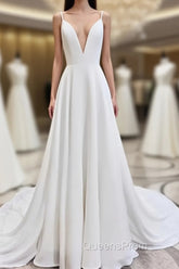 A Line V Neck White Wedding Dress with Sweep Train, White Evening Prom Dress