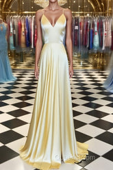 A Line V Neck Yellow Long Evening Prom Dress, Yellow Long Backless Formal Evening Dress
