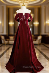 A-Line Velvet Burgundy Long Evening Prom Dress, Burgundy Long Evening Dress