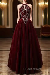 A-Line Velvet Sequin Beads Burgundy Long Evening Prom Dress, Burgundy Long Evening Dress