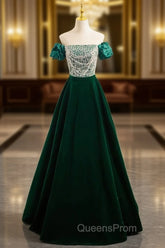 A-Line Velvet Sequin Beads Green Long Evening Prom Dress, Green Velvet Long Evening Dress