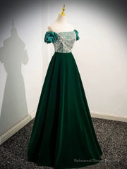 A-Line Velvet Sequin Beads Green Long Prom Dress, Velvet Green Long Formal Dress