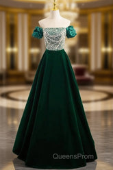 A-Line Velvet Sequin Beads Green Long Evening Prom Dress, Velvet Green Long Evening Dress