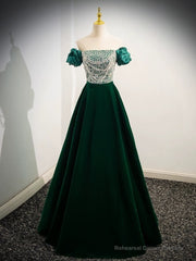 A-Line Velvet Sequin Beads Green Long Prom Dress, Velvet Green Long Formal Dress