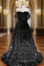A-Line Velvet Sequin Long Black Evening Prom Dress, Black Long Evening Dress